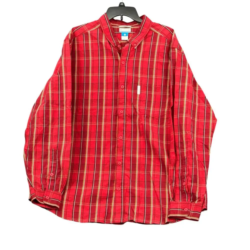 Columbia Shirt Men XL Red Plaid Long Sleeves 100% Cotton Button Up Casual Travel